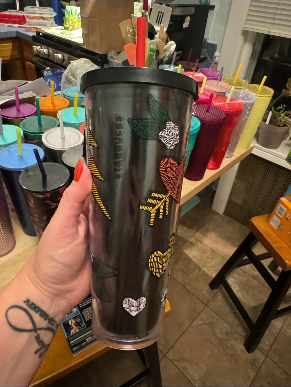 Starbucks Black Tumbler with Multicolor Heart & Leaf Embroidery
